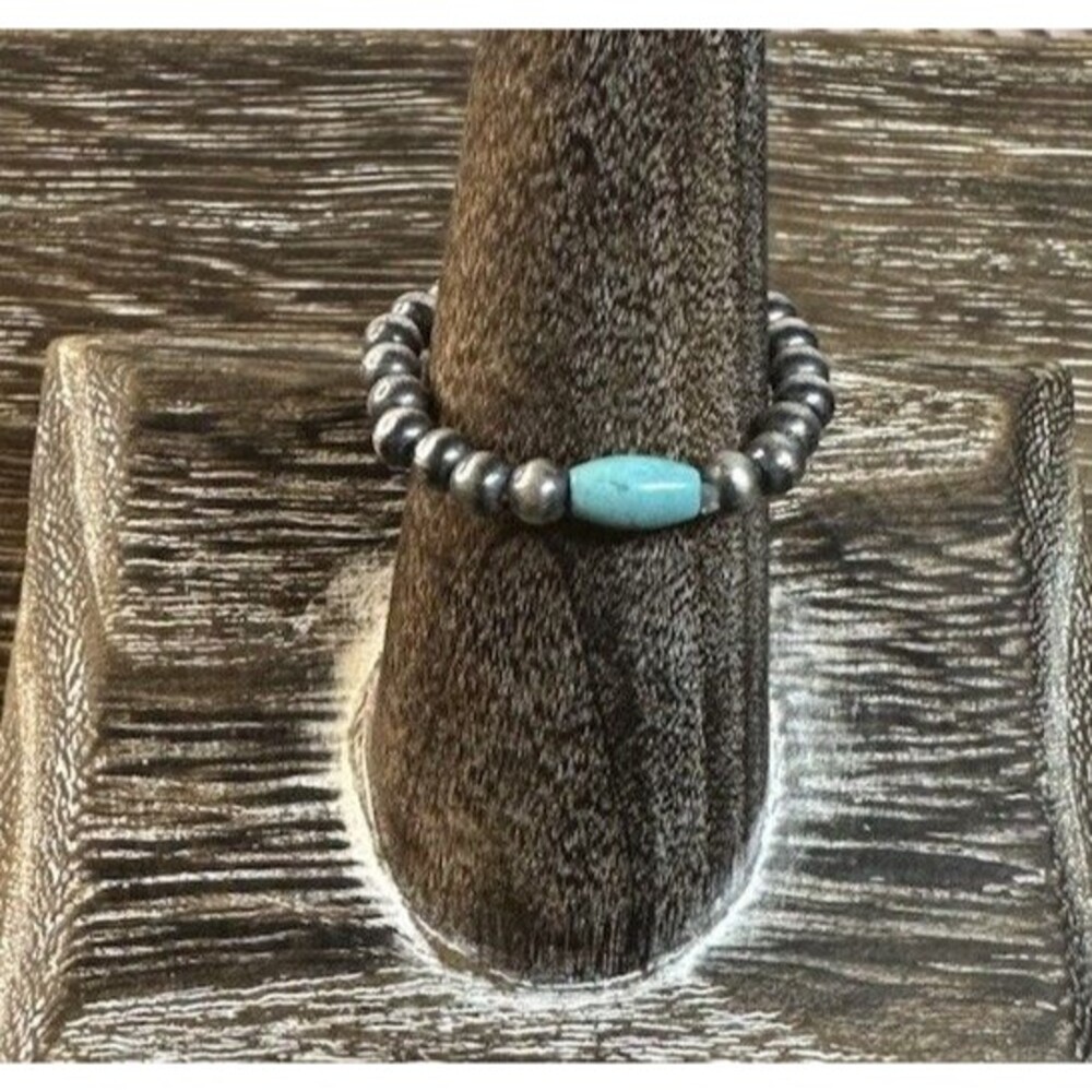 Native Style Sterling Silver Navajo Pearl Turquoise Stretchy Ring Sz 6.5-10 3mm